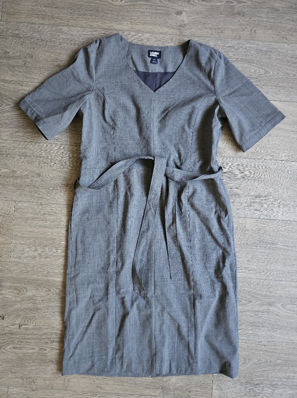 Lands' End Gray V-Neck Tie-Waist Sheath Dress NWOT